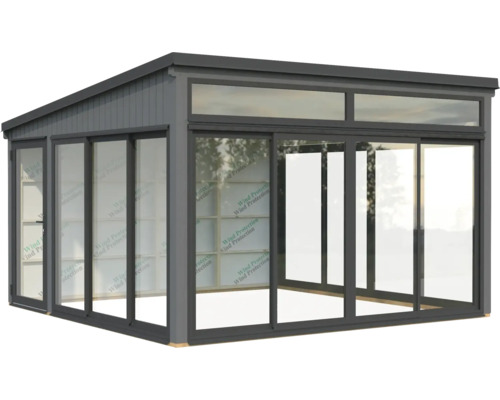 Abri de jardin avec portes coulissantes et façade vitrée