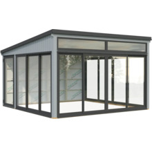 Abri de jardin avec portes coulissantes et lanterneaux