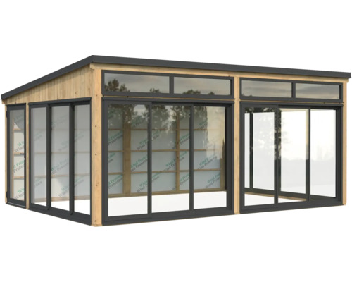 Maison de jardin en bois avec façade en verre et portes coulissantes