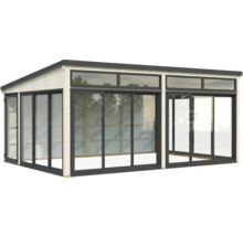 Maison de jardin en bois avec façade en verre et portes coulissantes