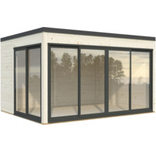 Abri de jardin moderne avec portes coulissantes et façade en bois