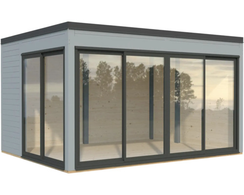 Abri de jardin avec de grandes portes coulissantes en verre pour beaucoup de lumière naturelle