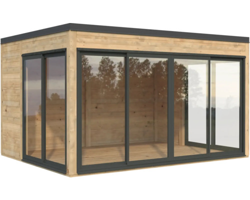 Abri de jardin moderne en bois avec portes coulissantes en verre
