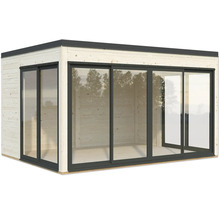 Abri de jardin moderne en bois avec portes coulissantes en verre