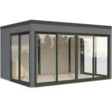 Abri de jardin gris avec portes coulissantes en verre