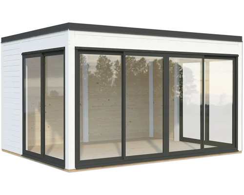 Abri de jardin moderne avec portes coulissantes en verre