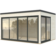 Abri de jardin avec portes coulissantes en verre