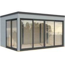 Maison de jardin avec portes coulissantes et façade vitrée pour l'extérieur