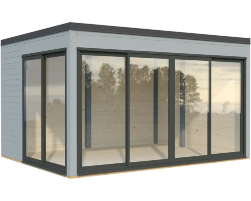 Maison de jardin avec portes coulissantes et façade vitrée pour l'extérieur