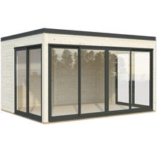 Abri de jardin avec portes coulissantes et revêtement en bois