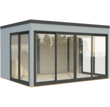 Abri de jardin moderne avec portes coulissantes et grandes baies vitrées pour une lumière naturelle abondante