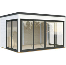 Abri de jardin avec portes coulissantes et revêtement en bois