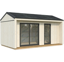 Modernes Gartenhaus mit Schiebetür und Holzwänden