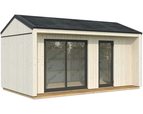 Modernes Gartenhaus mit Schiebetür und Holzwänden