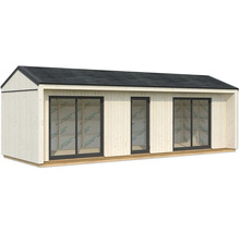 Abri de jardin moderne avec toit plat, fenêtres et porte.