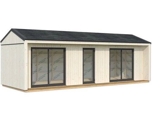 Abri de jardin moderne avec toit plat, fenêtres et porte.