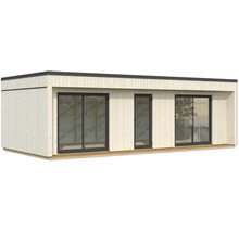 Abri de jardin moderne en bois avec de grandes fenêtres et une porte