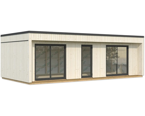 Abri de jardin moderne en bois avec de grandes fenêtres et une porte