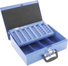 Caisse bleue ouverte avec compartiments pour pièces de monnaie et billets de banque