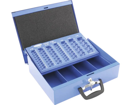 Caisse bleue ouverte avec compartiments pour pièces de monnaie et billets de banque