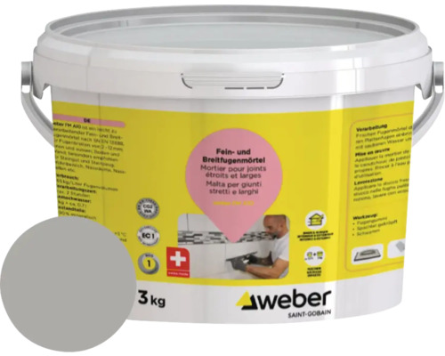 Mortier pour joints fins et larges Weber dans un seau blanc, 3 kg.