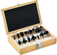 Coffret en bois avec un ensemble de différentes fraises à défoncer