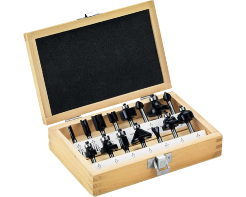 Coffret en bois avec un ensemble de différentes fraises à défoncer