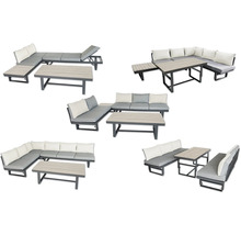 Verschiedene Ansichten einer Gartenlounge mit Tisch und Polstern