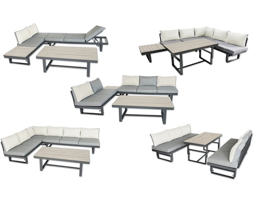 Verschiedene Ansichten einer Gartenlounge mit Tisch und Polstern