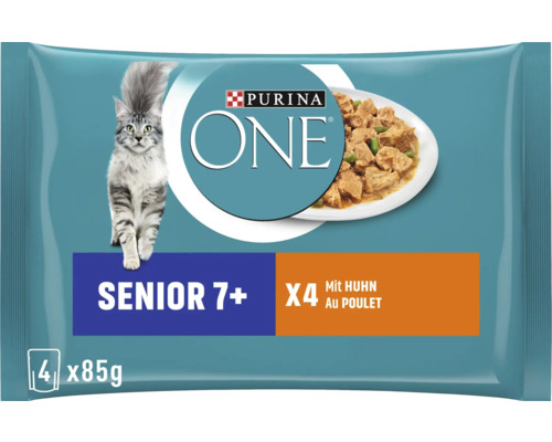 Purina One Senior 7 plus nourriture pour chat au poulet, 4 fois 85 grammes