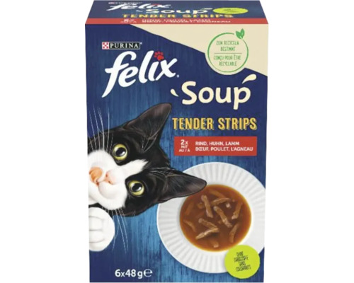 Felix Soup Tender Strips, soupe pour chat au boeuf, poulet et agneau, paquet de 6 fois 48 grammes