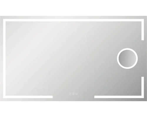 Rechteckiger Spiegel mit LED-Beleuchtung und runder Spiegelfläche