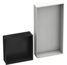 Niche murale carrée noire et niche murale rectangulaire blanche pour encastrement.
