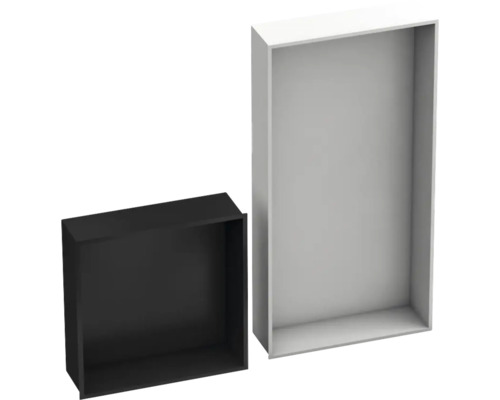 Niche murale carrée noire et niche murale rectangulaire blanche pour encastrement.