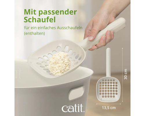 Katzenstreuschaufel aus Kunststoff neben einer Katzentoilette mit Katzenstreu
