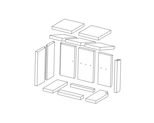 Plan en perspective d'un kit de meubles avec planches, parois latérales et accessoires