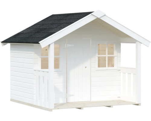 Weisses Holzspielhaus mit schwarzem Dach