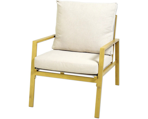 Chaise de jardin avec coussins clairs et cadre en métal