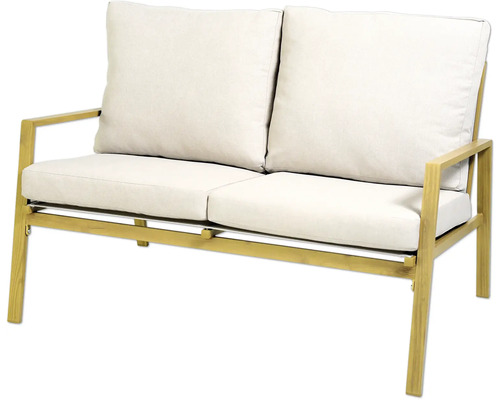 Banc de jardin deux places avec coussins en bois