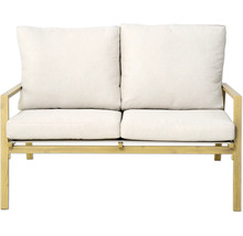 Canapé deux places avec revêtement clair et structure en bois