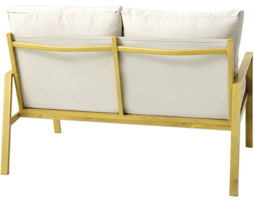 Vue arrière d'un canapé deux places avec cadre en bois et coussins clairs.