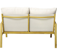 Vue arrière d'un canapé de jardin en bois à deux places avec rembourrage