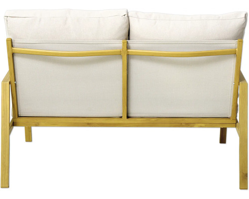 Vue arrière d'un canapé de jardin en bois à deux places avec rembourrage