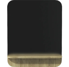 Miroir mural aux coins arrondis avec étagère intégrée en aspect bois.