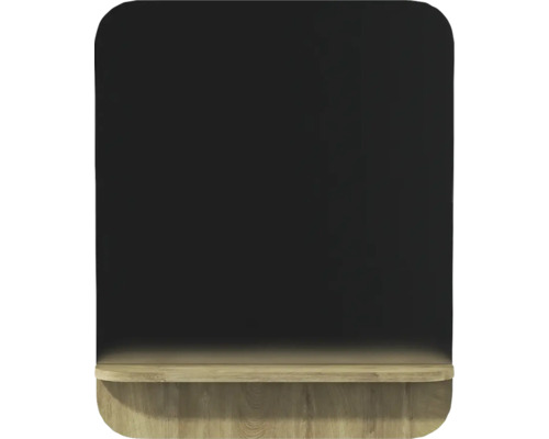 Miroir mural aux coins arrondis avec étagère intégrée en aspect bois.