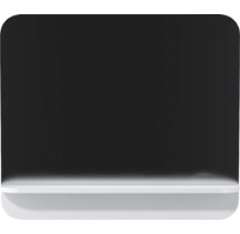 Schwarze Wandtafel mit weisser Ablage und abgerundeten Ecken oben.