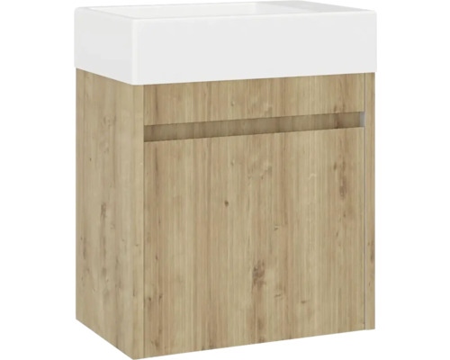 Meuble sous-lavabo avec structure en bois et vasque à poser blanche