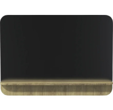 Tableau noir aux coins arrondis avec une étagère en bois clair dans le bas.