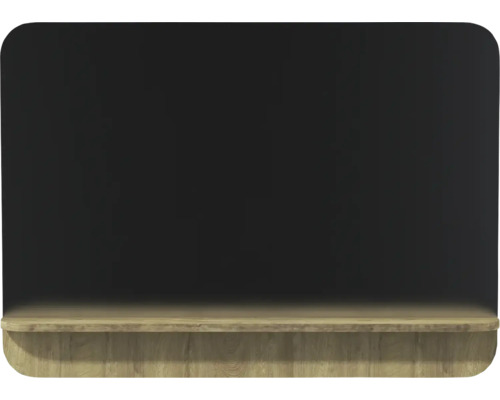 Tableau noir aux coins arrondis avec une étagère en bois clair dans le bas.