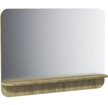 Miroir de salle de bain avec coins supérieurs arrondis et tablette en aspect bois.